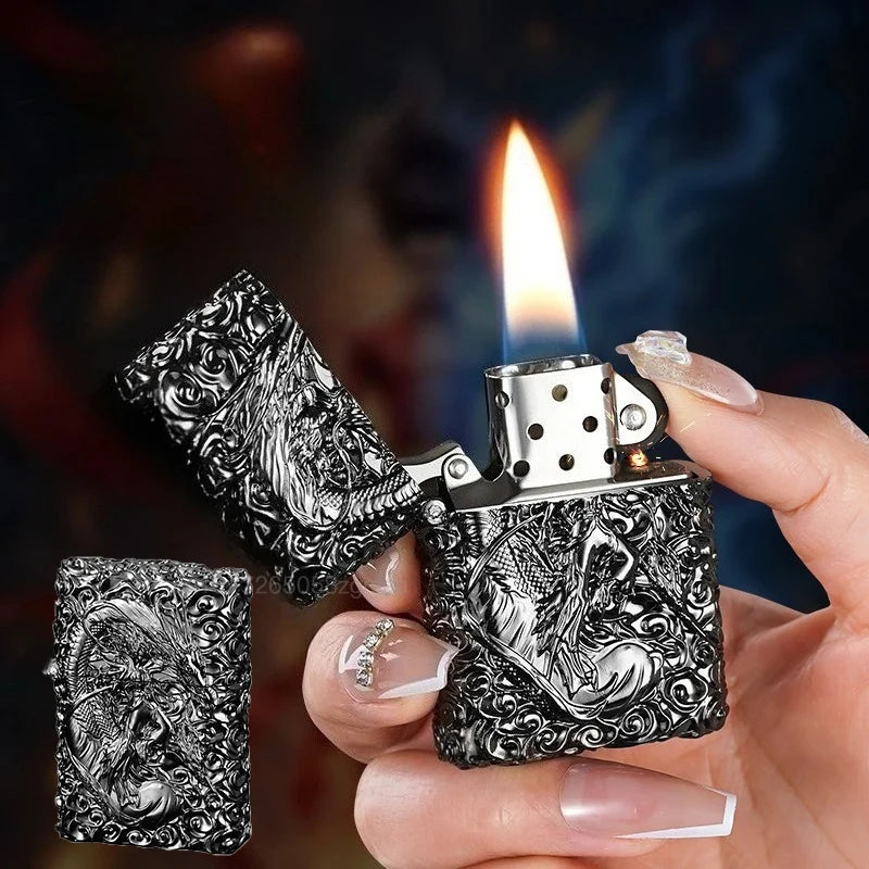 Black Myth Wukong Antique Brass Metal Kerosene Lighter with Sun Wukong Relief